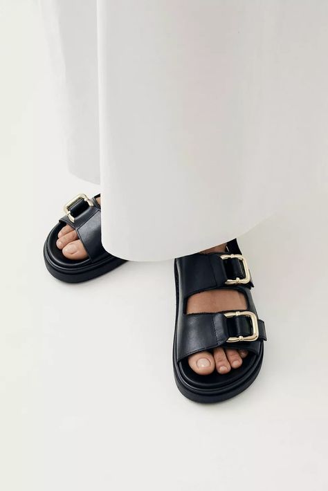 ALOHAS Harper Leather Slingback Buckled Sandal | Urban Outfitters Black Chunky Sandals, Chunky Black Sandals, Two Strap Sandals, Men's Shoes Accessories, Vegan Boots, Sustainable Leather, Chunky Sandals, Flatform Sandals, Black Leather Sandals