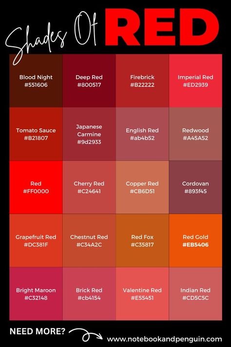 If you are looking for red color palette inspiration with red hex codes then look no further! Here are 20 red color swatches to start with but you can visit our website for over 50 more. Check it out now if you are preparing a red color palette for your next design Red Colours Shades, Red Hex Code Palette, Red Color Palette Hex Codes, Types Of Red Color, Red Pallete Color, Red Color Palette Colour Schemes, Red Hex Codes, Shades Of Red Color Palette, Red Color Pallete