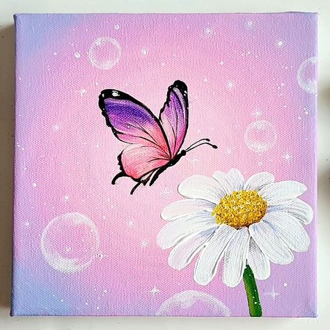 Butterfly In A Flower Drawing, Small Canvas Butterfly Paintings, Cute Paintings Butterfly, Drawing Ideas For Artists, Rose And Butterfly Painting, Butterfly On Flower Painting Acrylic, Butterfly Drawing On Flower, Butterfly In Acrylic Painting, Draw Acrylic Paintings