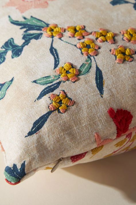 Hand-Embroidered Mirelle Pillow | Anthropologie Terracotta Throw Pillows On Bed, Diy Embroidery Pillow, Embroidered Throw Pillows Diy, Embroidery On Blanket, Embroidery Products Ideas, Hand Embroidery Fruit, Floral Pillows Living Room, Diy Embroidered Pillow, Embroidery Baby Blanket