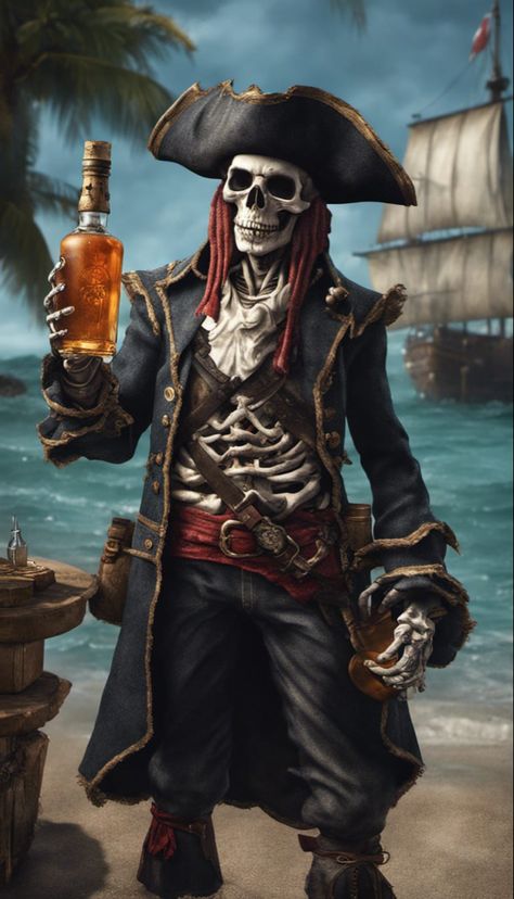 A skeleton pirate holding a bottle of rum on the beach Skeleton Pirate Art, Pirate Artwork, Pirate Wallpaper, Pirate Rum, Skeleton Pirate, Pirate Images, Alien Planets, Pirate Ship Art, Pirates Treasure