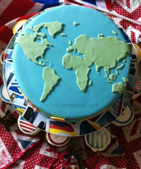 Potential dessert option - world cake with country flag cupcakes?                                                                                                                                                      More Geography Cake, Map Cake, Globe Cake, Earth Cake, Travel Cake, Flag Cake, Novelty Birthday Cakes, Retirement Cakes, World Party