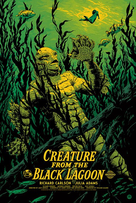 Johnny Dombrowski Black Lagoon Poster, Mondo Posters, Creature From The Black Lagoon, The Black Lagoon, Horror Monsters, Famous Monsters, Classic Movie Posters, Horror Posters, Classic Horror Movies