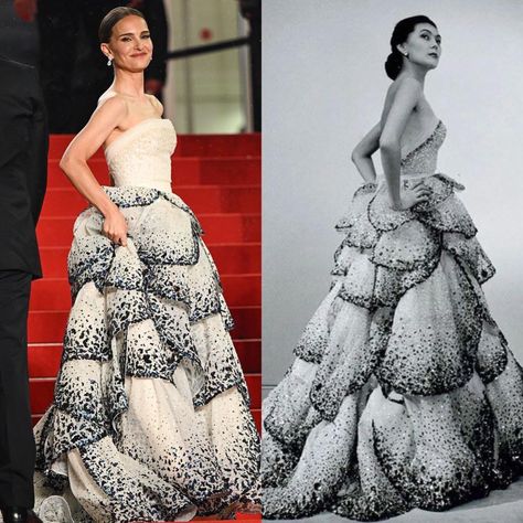 Natalie Portman looked stunning in a custom recreation of Christian Dior's legendary 1949 gown "Junon" for the premiere of May December at the Cannes Film Festival. #fashion #natalieportman #cannesfilmfestival #dior #vintage #1949 Dior Dress Natalie Portman, Christian Dior Junon Dress, Vintage Dior Dress Runway, Dior Junon Gown, Natalie Portman Dior Dress, Natalie Portman Cannes, The New Look Dior, Dior Prom Dress, Junon Dior