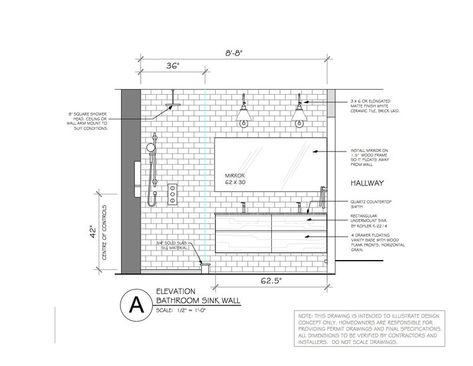 E-Design Bathroom: From Concept to Sneak Peek — CAROL REED INTERIOR DESIGN. Modern bathroom design, elevation, CAD drawing, floating vanity design, subway tile, lighting design, shower design. See the plans and progress pics on the CREED Blog in link. |  Design by:  CAROL REED INTERIOR DESIGN INC. Interior Design Modern Bathroom, Bedroom Lamps Design, Vanity Height, Hotel Room Design Plan, Bathroom Design Plans, Interior Presentation, Interior Design Layout, Bedroom With Sitting Area, Bathroom Plan