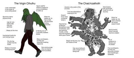 The Virgin Cthulhu vs. the Chad Azathoth #lovecraft #memes Lovecraft Memes, Ancient Manuscripts, Military Jokes, Lovecraft Cthulhu, Lovecraftian Horror, Comic Layout, Hp Lovecraft, Cthulhu Mythos, Up Music