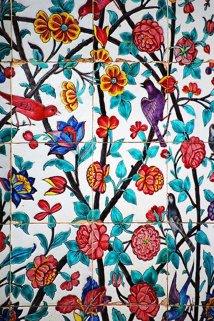 Iran, Shiraz - Handmade tiles can be colour coordinated and customized re. shape, texture, pattern, etc. by ceramic design studios Persian Art Painting, Floral Tiles, Art Ancien, Persian Pattern, Iranian Art, Tile Work, Handmade Tiles, Beautiful Tile, Shiraz