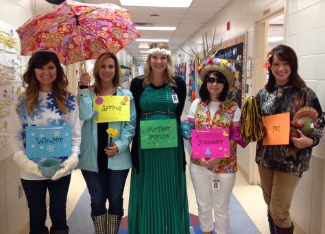 Four seasons and Mother Nature teacher Halloween costumes!! Four Seasons Costume, Teacher Halloween Costumes Group, 4 People Halloween Costumes, Halloween Costumes For Groups, Big Group Halloween Costumes, Halloween Costumes For Teachers, Costumes For Groups, Costumes For Teachers, Partner Halloween Costumes