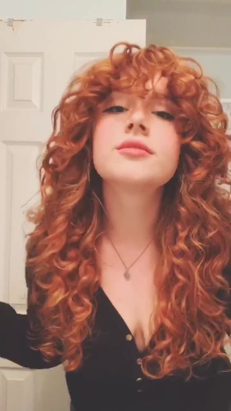 Amanda Belair(@amandabelair) on TikTok: My crazy curly hair tutorial #redhead #fyp #curlyhair #hairtutorial #hairtiktok #paramore Ginger Curly Hair With Bangs, Curly Bangs Red Hair, Curly Hairstyles Fringe, Curly Ginger Hairstyles, Curly Long Hair Bangs, Curly Red Hair With Bangs, Red Curly Hair With Bangs, Long Ginger Curly Hair, Curly Ginger Hair Aesthetic