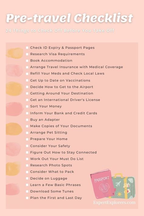 With your destination picked and flights booked; our pre-travel checklist gives you everything you need to prepare for your next trip. Useful for both domestic and international travel, these 24 essential things will help get you ready and organized for a great trip. Via ExpertExplorers.com | Travel Resources / Travel Planning Things You Need To Travel, International Trip Checklist, Pre Travel Checklist, Packing For International Travel, International Travel Packing Checklist, Traveling Abroad Checklist, Travel Checklist Printable, International Travel Packing, International Travel Checklist