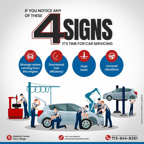 Don't ignore warning signs that your car needs servicing! Watch out for these 4 common signs that indicate your car is in need of maintenance. Address these issues now to avoid costly repairs in the future. Schedule your appointment with Eric's Car Care today for affordable services! Car Wash Business, Car Advertising Design, Graphic Design Posters Layout, Automotive Solutions, Healthy Book, Mechanic Shop, Car Workshop, Automotive Repair Shop, Ad Car