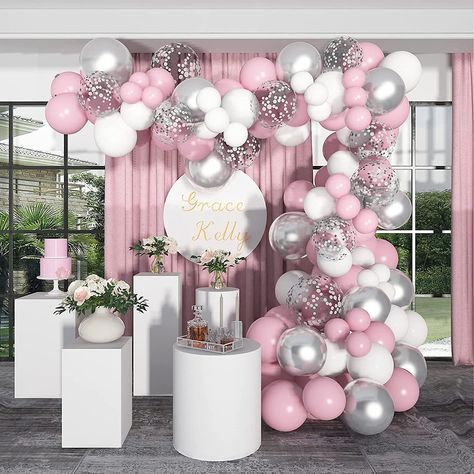 "🎈WINTER PINK BALLOONS KIT COMES WITH - 120 Pcs Balloons. 12\"/15 pcs silver chrome balloons, 12\"/10 pcs silver confetti balloons. 10\"/25 pcs baby pink balloons, 10\"/25 pcs white balloons. 5\"/20 pcs baby pink, 5\"/20 pcs white balloons. 4 pcs balloons accessories 🎈4 STEPS to ASSEMBLE - Blow it up, string balloons, hang it on wall, sticks balloons with glue dot. Please check out the paper instruction 🎈NATURAL LATEX -  Balloons are made from natural rubber. Balloons can be filled with air a Pink Balloon Garland, Pink Birthday Decorations, String Balloons, Baptism Decorations Girl, Balloons White, Balloons Arch, Silver Balloon, Metallic Balloons, Birthday Party Theme Decorations