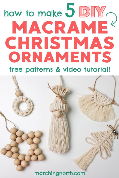 5 macrame Christmas ornaments laying on a white desk Natal, Diy Macrame Christmas Ornaments, Macrame Tutorial Beginner, Diy Macrame Christmas, Macrame Projects Ideas, Holiday Ornaments Diy, Easy Diy Macrame, Macrame Christmas Ornaments, Macrame Ornaments