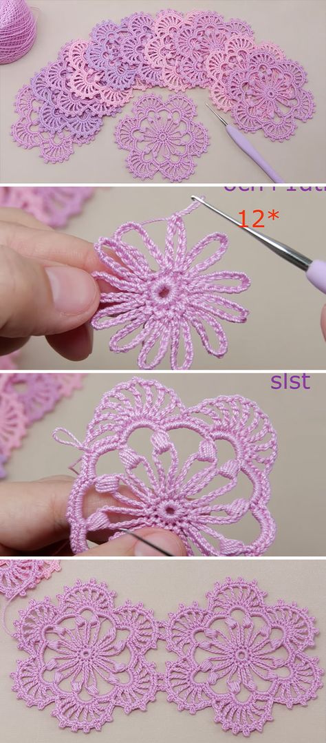 Crochet Easy Flower Motif Tutorial - CrochetBeja Írska Čipka, Motif Kait, Tas Mini, Free Crochet Doily Patterns, Crochet Stitches Unique, Crochet Stitches Free, Crochet Motif Patterns, Crochet Lace Pattern, Crochet Stitches For Beginners