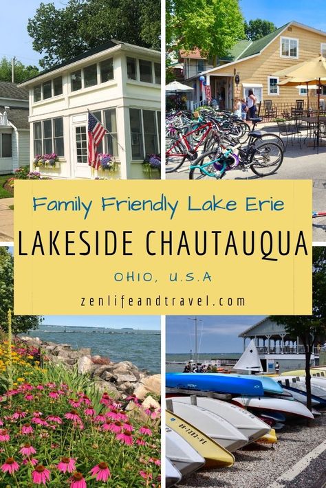 If you are looking for a family friendly vacation in Ohio (USA), check out Lakeside Chautauqua. This quaint little town lies on the south shore of Lake Erie about half way between Toledo and Cleveland. It's a family oriented destination where you can rest and relax in a picture perfect setting. #familytravel #ohiotravel #travel #lakeerie #lakesidechautauqua #lakeside #usatravel #lakesidecottage #lifeatthelake #traveldestinations #midwesttravel Lake Erie Vacation, Ohio Campgrounds, Lakeside Ohio, Ohio Adventures, Lake Erie Ohio, Ohio Destinations, Ohio Vacations, Chautauqua Lake, Zen Life