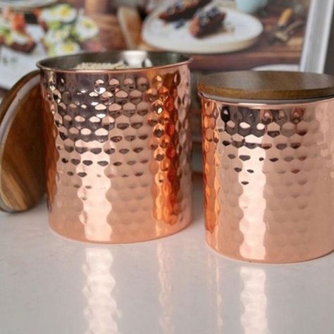 Uncommon James Hammered Copper Canisters Set New In Box Take Your Kitchen To The Next Level With These Hammered Copper Canisters, Perfect To Store Your Morning Coffee, Sugar, Or Ingredients For That Sunday Afternoon Baking Sesh. This Set Of 2 Comes With One Medium And One Large Canister, Both With Smooth Wooden Lids To Add A Rustic Touch To Any Chic Space. Includes: Set Of 2 Canisters With Wood Lids Large: 5.5” H X 4.75” W | Medium: 4.75” H X 4” W. Smoke-Free, Pet-Free Uncommon James Set Of 2 Copper Wood Canisters