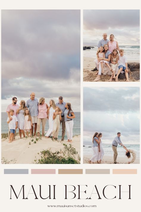 Professional Maui photographer features a blue, neutral, and pink color palette for outfit inspiration for clients. Mexico, Beach Family Photo Color Palette, Color Schemes For Beach Family Pictures, Beach Photoshoot Color Palette, Family Beach Color Scheme, Maui Beach Family Photos, Beach Outfit Color Palette, Hawaiian Beach Family Photos, Color Palette For Beach Family Photos