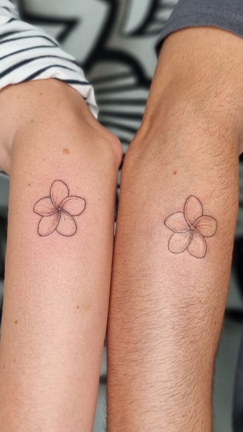 #tattoo #frangipani #flower #bali Fine Line Flower Tattoo Matching, Small Tattoos Tropical, Minimalist Plumeria Tattoo, Hawaii Tiny Tattoo, Plumeria Tattoo Fine Line, Plumeria Tattoo Simple, Indonesian Flower Tattoo, Plumeria Fine Line Tattoo, Simple Plumeria Tattoo