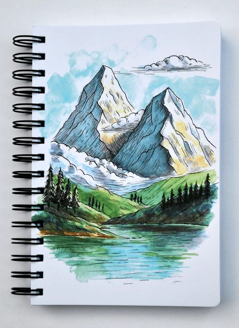 Croquis, Marker Mountain Drawing, Drawings With Copic Markers, Landscape Drawings Color, Mountains Drawing Color, Mountain Drawing Colored Pencil, Nature Marker Art, Marker Landscape Drawing, Mountain Marker Drawing