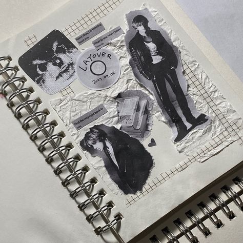 black and white journal spread. kpop journal bts version kim taehyung. Scrapbook Journal Black And White, Journal Aesthetic Black And White, Journal Spreads Kpop, Journal Ideas Black And White, Journal Ideas Aesthetic Cover, Black And White Journal Ideas, Gift Aesthetic Ideas, Journal Ideas Black, Kim Taehyung Journal