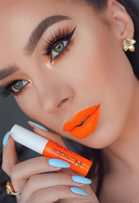 How to Choose the Best Orange Lipstick for Your Skin Tone #lipstick #makeup #beauty #lipmakeup #orange #orangelipstick Orange Lip Makeup, Orange Lipstick Makeup, Lip Makeup Ideas, Neon Lips, Orange Lipstick, Orange Blush, Lipstick Designs, Orange Lips, Dark Lipstick