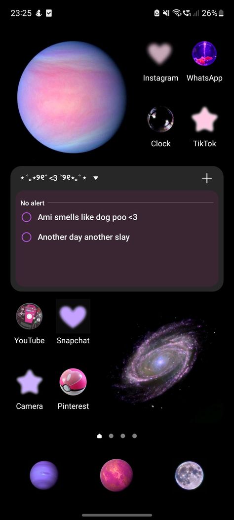 Phone Backgrounds Samsung, Space Themed Wallpaper Iphone Aesthetic, Planet Phone Theme, Space Themed Phone Wallpaper, Space Themed Phone Widgets, Phone Widgets Aesthetic Ideas, Pink And Purple Phone Theme, Home Screen Inspo Android, Purple Widget Wallpaper
