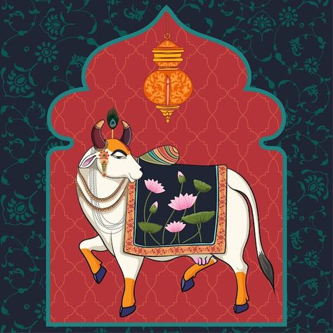Traditional Indian Art Forms, Pichwai Cow, Indian Arch, Traditional Background, Pichwai Art, Rajasthani Painting, Pichwai Painting, Cow Illustration, Neon Light Art