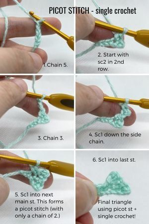 steps on how to crochet picot stitch How To Crochet A Picot Stitch, Crochet Picot Stitch, Picot Stitch Crochet, Crochet Stitches Uk, Picot Crochet, Picot Stitch, Decorative Crochet, Advanced Crochet, Crocheted Items