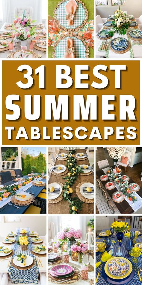 Looking for inspiration for your next summer decor? Check out these stunning Summer Tablescapes! From Rustic to Nautical, Beach to Boho, there's a tablescape here to suit every style. Impress your guests with eye-catching Summer Centerpieces, DIY Summer Tablescapes, and Tropical Tablescapes. Looking for ideas? We've got plenty of Summer Tablescape Ideas to get your creativity flowing. Don't miss our refreshing Lemon Tablescapes or our festive Summer Party Tablescapes. Table Picnic Ideas, Outdoor Lunch Table Setting Summer, Summer Brunch Tablescape, Easy Tablescapes Simple, Outdoor Tablescapes Ideas, Picnic Table Party Ideas, Summer Tablecloth Ideas, Every Day Tablescape, Outdoor Table Centerpiece Ideas