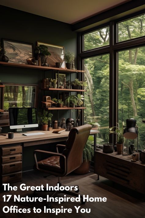 Lush home office with floor-to-ceiling windows showcasing a forest view. Dark wood desk, floating shelves, and leather chair in a room filled with green plants and artistic decorations. Earthy palette with deep greens and browns. Wooden Desks, Green Home Offices, Home Office Dark, Zen Office, Windows Frame, Organized Desk, Elegant Home Office, Industrial Home Offices, Rustic Home Offices