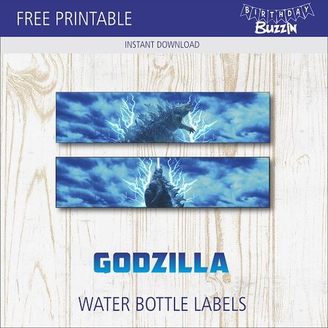 Free Printable Godzilla Water Bottle Labels | Birthday Buzzin Kawaii, Godzilla Vs King Ghidorah, Godzilla Party, Bottled Drinks, Godzilla Birthday Party, Water Bottle Labels Birthday, Godzilla Birthday, Monster Pictures, King Ghidorah