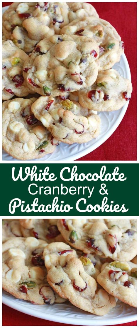 White Chocolate Cranberry Pistachio Cookies Cranberry Pistachio Cookies Christmas, Cranberry And Pistachio Cookies, Christmas Cookies With Cranberries, Christmas Food Work Party, Pistachio Cookies Christmas, Christmas Flavor Cookies, Cranberry Deserts Recipes, Cinnamon Spice Cookies, Pretty Christmas Cookie Recipes