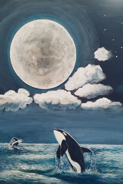 Orca Art, Ocean Art Painting, Whale Drawing, Whale Painting, Piskel Art, Whale Art, Orca Whales, Seni Cat Air, Moon Painting