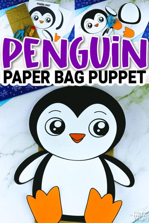 Printable Penguin Paper Bag Puppet Template Simple Mom Project, Mittens Template, Puppet Template, Printable Craft Templates, Bag Puppet, Printable Snowman, Penguin Craft, Paper Bag Puppets, Penguins And Polar Bears