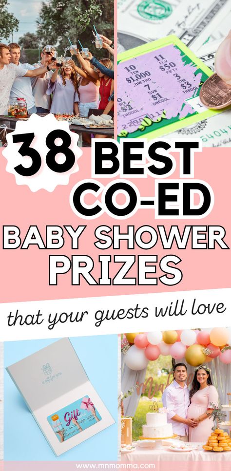 38 best co-ed baby shower prizes with image of friends toasting, lottery ticket, gift card, and couple standing by a cake at baby shower Coed Baby Shower Prizes, Coed Baby Shower Favors, Shower Prizes For Games, Baby Shower Prizes For Games, Prizes For Games, Baby Shower Game Gifts, Baby Shower Game Prizes, Baby Shower Party Gifts, Baby Shower Gifts For Guests