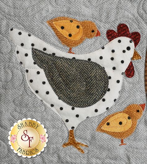 Here a chick, there a chick, everywhere a chick, chick! This is an absolutely darling 36" x 42" flannel quilt by Bonnie Sullivan with adorable chicks in each block. This project features appliqué, piecing and simple hand embroidery. All fabrics are flannel and will be exactly as shown.Your program will include:  Pre-fused and Laser-Cut Applique pieces! No need to trace, cut out, or turn the edges! All Patterns All Fabrics Buttons  Backing is not included but can be added ... Farm Animal Quilt, Simple Hand Embroidery, Motifs D'appliques, Chicken Quilt, Quilt Club, Farm Quilt, Flannel Quilts, Wool Applique Patterns, Applique Quilt Patterns