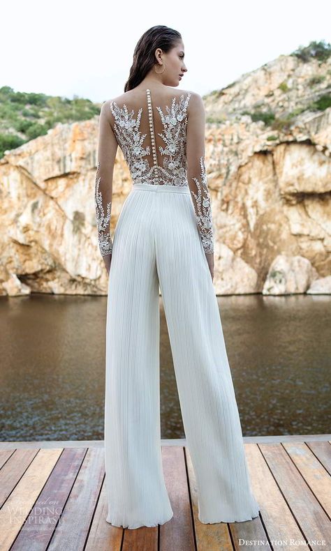 Weddinginspirasi.com featuring - destination romance 2020 bridal illusion long sleeves sweetheart neckline embellished bodice jumpsuit pants wedding dress (10) bv -- Destination Romance 2020 Wedding Dresses #wedding #weddings #bridal #weddingdress #weddingdresses #bride #fashion #collection:ForgetMeNot #label:Demetrios #label:DestinationRomance #week:372020 #year:2020 ~ Pant Wedding Dress The Bride, Bridal Jumpsuit The Bride, Jumpsuit Ideas, Wedding Romper, Wedding Dress Jumpsuit, Romance Wedding Dress, Bridal Pantsuit, Bride Jumpsuit, Sleeves Tattoo