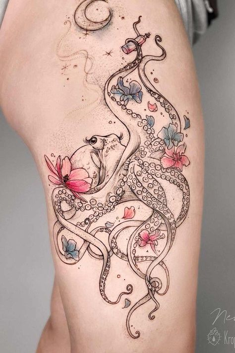 Finalize your Octopus Tattoo Hunt with the Most Inspiring Ideas ★ Watercolor Accent Octopus Tattoo Octopus Tattoos Wrap Around Arm, Women's Tattoo Thigh, Leg Sleeve Template Tattoo, Ocean Beach Tattoo Ideas, Side Tattoos Women Ribs Unique, Down Neck Tattoo, Kawaii Tattoo Sleeve, Ocean Scene Tattoo, Thigh Tattoos Women Small