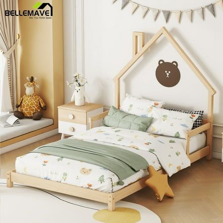 Featuring an unique and creative house-shaped headboard, this montessori floor bed is an beautiful piece of furniture in the bedrooms to keep your bedroom funny and interesting at all times. This full bed frame is made of premium pine wood and plywood, it ensure stability, durability and sturdiness. This toddler floor bed comes with handrails at both sides of the bed provide support for children when they get up or lie down, it can also effectively prevent mattress from sliding. Its low to the floor platform height allow children to get in and out of the bed easily, you dont have to worry them falling out of the bed while sleeping. It is available in various color, pick the favorite one for your boys and girls. Size: Two Size.  Color: Brown. Toddler Girl Room Full Size Bed, Full Bed Toddler Room, Floor Bed Toddler Room, Nursery Floor Bed, Montessori Bedroom Toddler Boys, Toddler Boy Bed, Montessori Bed Diy, Full Size Floor Bed, Toddler Bed Ideas