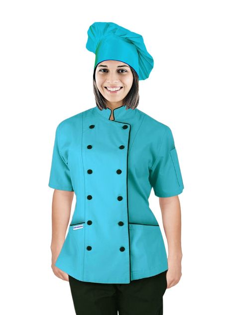 PRICES MAY VARY. Cloth Culinary Chef Jacket for Women- This Chef Uniform is for Executive Chef, Line Chef, Caterers and a wonderful Gift for chef. Matching Colour Chef Hat of same cloth with Velcro fasteners so would fit XS to XXL. Poly/Cotton blend- This Poly cotton blended cloth gives you comfort and Cool feel while working in the hot Kitchen. This Chef Outfit has 10 Black cloth Covered Buttons with 2 patch pockets and one thermometer pocket. This chef Uniform is suitable for all kinds of Prof Bakers Uniform Woman, Chef Coat Design For Women, Chef Clothes Design, Chef Dress For Women, Chef Uniform Design, Chef Coat Design, Chef Jackets Women, Beauty Salon Uniform Ideas, Chef Jackets Design