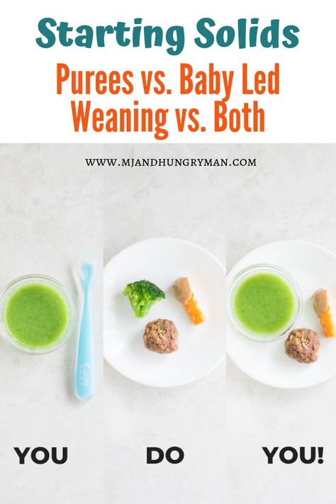 Starting solids - purees vs. baby led weaning? you'll learn the pros and cons of each and whether or not it's possible to combine the two approaches | mjandhungryman.com #babyledweaning #purees #babyfood #startingsolids #firstfoods Baby Led Weaning Breakfast, Starting Solids Baby, Baby Led Weaning First Foods, Baby Food By Age, High Energy Foods, Weaning Foods, Baby Led Feeding, Baby Led Weaning Recipes, Starting Solids