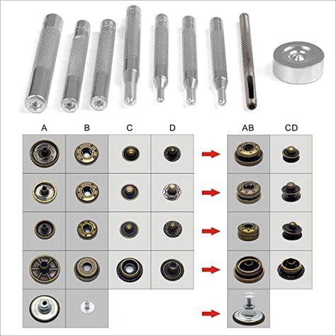 Baogaier 50 sets Snap Button Fasteners Kit,Tack Buttons,Jeans Buttons,Press Stud Fastener Kit 10/12/15/17mm Metal Replacement with 9 Pcs Fixing Tools (12.5 mm) for Leather Craft Repair Coat Jacket Bag: Amazon.co.uk: Kitchen & Home Couture, Sewing Kit Essentials, Jeans Buttons, Handmade Leather Work, Leather Kits, Leather Working Tools, Leather Jewelry Diy, Leather Supplies, Leather Diy Crafts