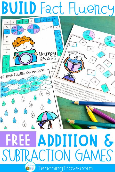 1st Grade Subtraction Activities, 1st Grade Math Games Free, Free Subtraction Games, Addition 2nd Grade, Math Fluency Games, Addition And Subtraction Games, Addition Within 20, Number Facts, Fact Fluency Games