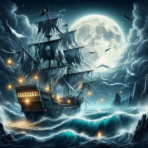 A ghost pirate ship - P&V_printable_art Ghost Pirate Ship, Ghost Ship Art, Ghost Ships, Ghost Pirate, Pirate Ship Art, Kids Karate, Black Canvas Paintings, Undersea World, Ghost Ship