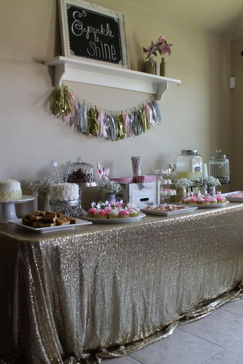 Beautiful Sweets Table at a Sparkle and Shine Party - love fab is that gold sparkly tablecloth?! Glitter First Birthday Party, Sparkly Themed Party, Sparkle Birthday Party Theme, Glitter Party Theme, Sparkle Birthday Party, Golden Birthday Parties, Dessert Table Birthday, 21st Bday Ideas, Sparkle Birthday