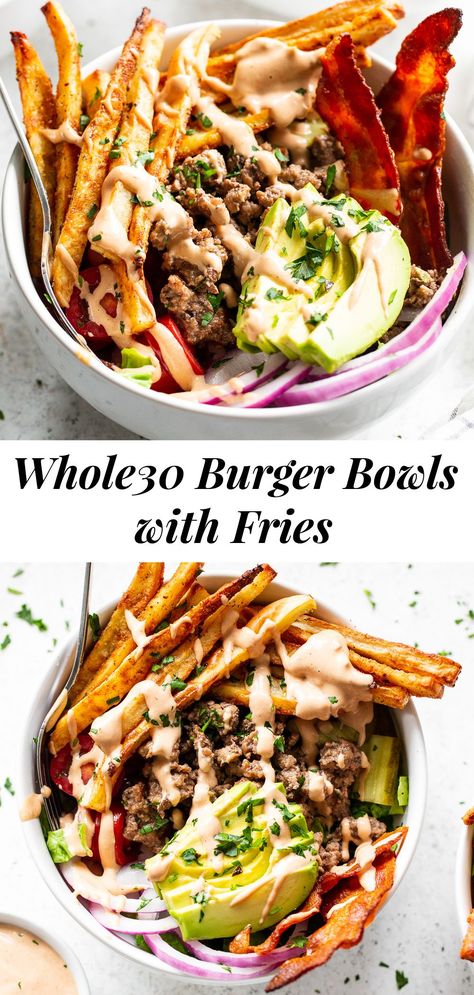 These loaded paleo burger bowls have all the goodies you love in a burger plus crispy baked French fries!  Crispy bacon, pickles, tomatoes, onions, avocado, grass fed beef and special sauce.   These flavor packed bowls are Whole30 compliant too and seriously yummy! #paleo #whole30 #cleaneating Whole 30 No Eggs, Whole 30 Guide, Whole 30 Buddha Bowl, Losing Weight On Whole 30, Macro Burger Bowl, Whole 30 Hamburger Casserole, Whole 30 Friday Night Dinner, Defined Dish Whole 30 Recipes, Paleo Recipes Family Friendly