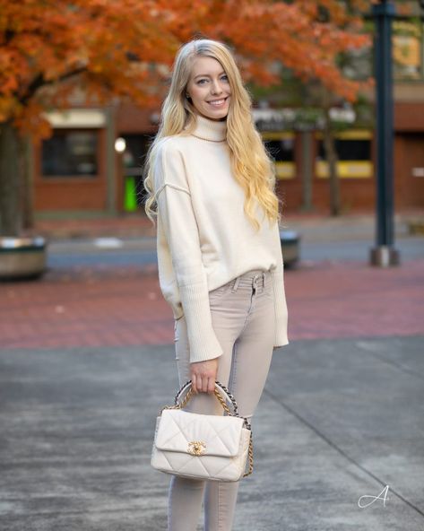 Chanel 19 handbag purse light beige outfit fall and winter fashion inspiration with a cozy turtleneck pullover sweater White Chanel 19 Bag Outfit, Chanel White Bag Outfit, Chanel 19 Beige, Chanel19 Bag Outfit, White Chanel Bag Outfit, Chanel 19 Bag Outfit, Beige Bag Outfit, White Bag Outfit, White Chanel Bag