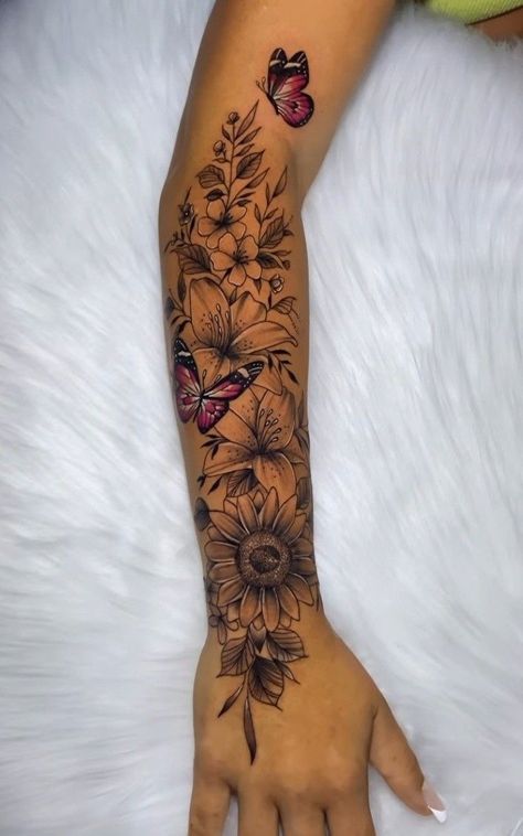 Flower Butterfly Sleeve Tattoo, Dragonfly Coverup Tattoo, Full Sleeve Tattoos Women Unique, Female Knee Tattoos, Wrap Around Forearm Tattoo Women, Feminine Sleeve Tattoo, Half Arm Sleeve Tattoo, Wrap Around Wrist Tattoos, Back Of Leg Tattoos