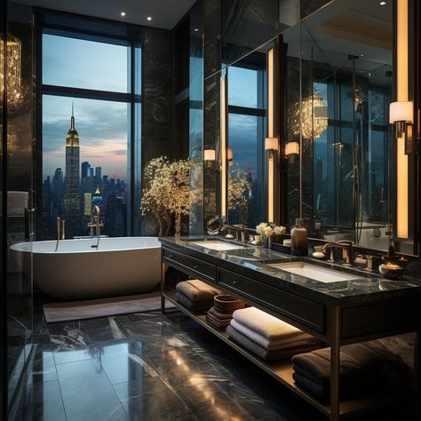 Badezimmer in New York City Luxury Apartment Los Angeles, New York Apartment Bathroom, New York Penthouse Aesthetic, Nyc Apartment Bathroom, Penthouse Apartment Aesthetic, Dream Penthouse, Penthouse Aesthetic, Luxury Penthouse Apartment, Penthouse In New York