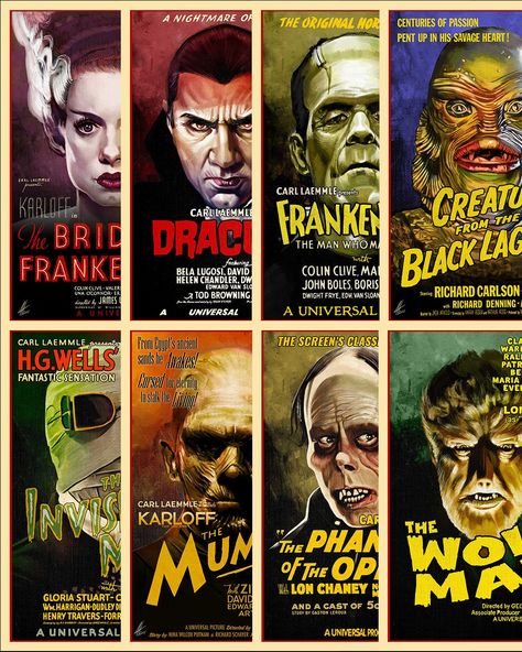 Can't choose one? Get all 8 of the Universal Monsters posters in one click for $90 and you'll save $22!! Frankenstein, The Bride, Wolf Man, Invisible Man, Dracula, The Creature, The Mummy, The Phantom all shipped in a solid 13x4 inch mailing tube. * High Quality Digital Art Print * approx. 12″ x 18″ * Matte Finish * Colors may slightly vary from image shown * Frame not included **Do not dry-mount prints - Doing so will result in damage** Classic Movie Monsters Art, The Mummy Universal Monsters, Universal Monsters Dracula, Universal Classic Monsters, Universal Monsters Posters, Classic Universal Monsters, Classic Movie Monsters, Universal Monsters Aesthetic, Vintage Monster Art